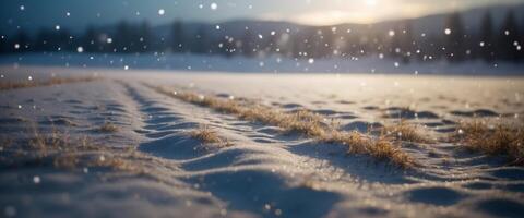 Beautiful ultrawide background image of light snowfall falling over of snowdrifts. photo