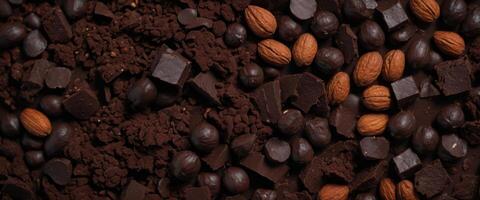 Black food background with cocoa, nuts and chocolate paste top view. photo
