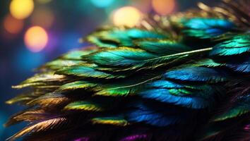Bold Iridescence Peacock Feathers in Exotic Double Exposure Silhouette. photo