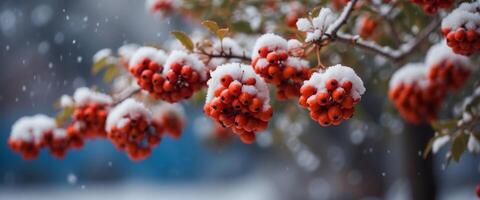 Branch with bunches of rowan berries under snow in the winter snowfall in the city First snow, blue background, snow flakes falling. photo