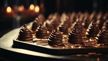 Chocolates Morph into Sharp Daggers on a Threatening Tray Under a Flickering Film Projector Light. photo