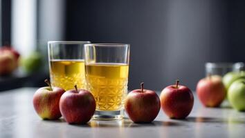 Closeup apples and apple juice in a glass on the white table with space for copy. photo