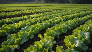 Closeup of rows of organic healthy green lettuce plants Local vegetable planting farm Fresh Green Curly iceberg salad leaves growing texture Natural vegetable garden background Copy space. photo