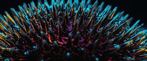 Close-up view of ferrofluid spikes illuminated by neon light, showcasing magnetic properties. photo