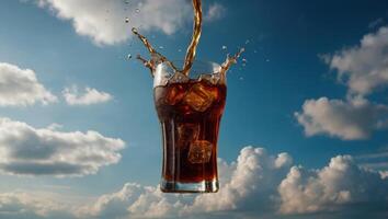 Cola is pouring into glass on sky background. photo
