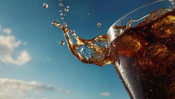 Cola is pouring into glass on sky background. photo