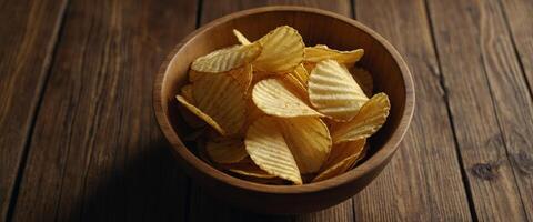 Corrugated golden potato chips in a wooden bowl on rustic wooden table Top view with Empty space for text , soft light, close up, macro. photo