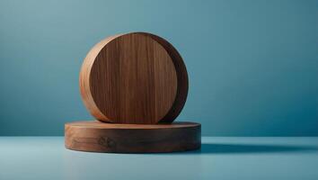 Creative minimal concept Wooden wood round block podium on light blue background Mock up template for product presentation copy text space. photo