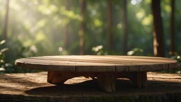 D Rendered Wooden Table Basking in the Dappled Sunlight of a Lush Forest Background. photo