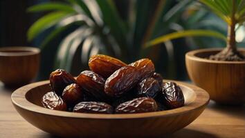 Dates or dattes palm fruit in wooden bowl is snack healthy. photo