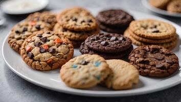 Different cookies on the plate on the white table, top view angle with space for copy. photo