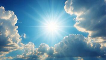 Divine presence Blue sky background with clouds and sun rays. photo