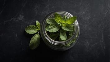 Dried peppermint in a glass jar and a bunch of fresh mint, medicine herb on black background, top view. photo