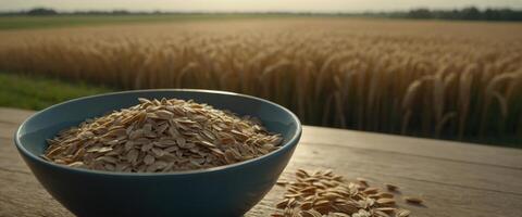 Ears of oats and oatmeal in bowl on table with field on the background Uncooked porridge. photo