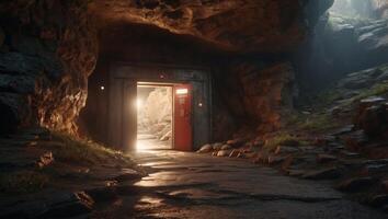 Emergency Exit Revealed The Hidden Cave Passage Illuminated by Security Breach Alarm. photo