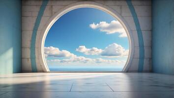 Empty room with concrete wall and floor and round window with blue sunny sky and clouds. photo