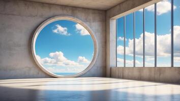 Empty room with concrete wall and floor and round window with blue sunny sky and clouds. photo