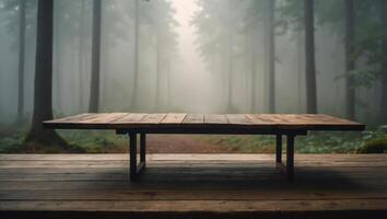 Empty table with foggy forest background Product display montages. photo