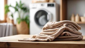 Empty wooden board with towels on blurred background of washing machine in home laundry with copy space. photo