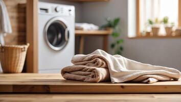 Empty wooden board with towels on blurred background of washing machine in home laundry with copy space. photo