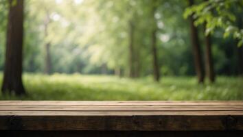 Empty wooden table in front of green forest background Ready for product display montage. photo