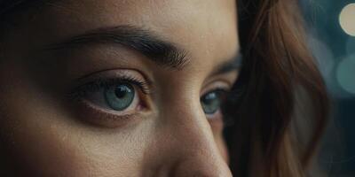 Explore the depth of emotion through a close-up view of a woman's eye, revealing the unspoken stories within. photo