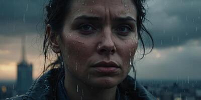 Face with tears and stormy clouds - A powerful visual metaphor with a human face shedding tears that merge with a storm over a cityscape. photo