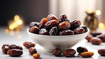 Fresh Medjool Dates in a bowl on the white table, Ramadan Kareem and Eid Mubarak concept. photo
