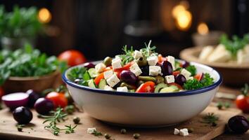 Fresh homemade vegetable salad with feta cheese and olives on a wooden tabletop with a notepad with space for text. photo