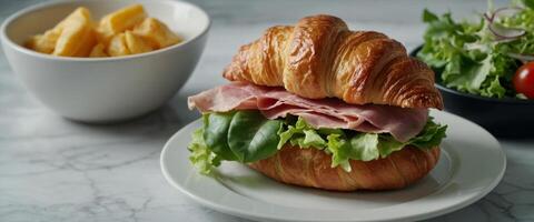 Fresh croissant sandwich with ham, cheese and salad leaf with coffee on white table, top view. photo