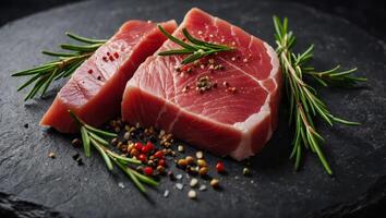 Fresh raw tuna steaks with rosemary and spices on a stone background with copy space for your text. photo