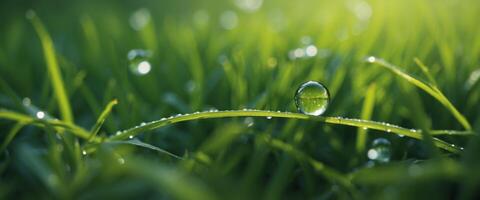 Fresh morning dew on spring grass, natural background - close-up with a soft focus and a beautiful round bokeh Morning dew glistens in the sun macro. photo
