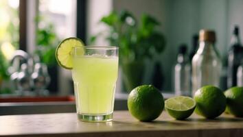 Freshly Squeezed Lime Juice on a Stylish Kitchen Counter Basking in Natural Light. photo