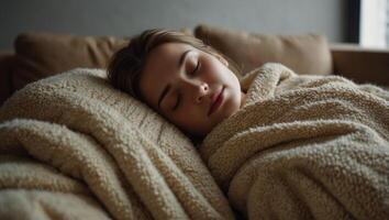 Full length peaceful woman resting under warm blanket on cozy couch in living room, calm young female with closed eyes sleeping, taking nap or daydreaming,. photo