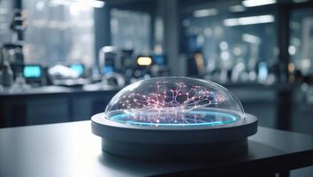 Futuristic Lab Equipped with Interactive D Hologram Nerve Conduction Study Machine Basking in Natural Light. photo