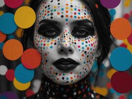 Gennerative - A woman with a black and white face is surrounded by colorful circles. photo
