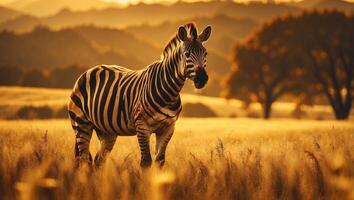 Graceful Zebra Silhouette Amidst Warm Golden Fields in Double Exposure. photo