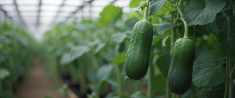 Green fresh lush beautiful foliage of a cucumber plant in a greenhouse A cucumber plant with young juicy green leaves tied up in a greenhouse. photo