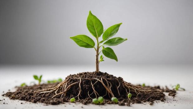 Green seedling with roots in soil White background Copy space. photo