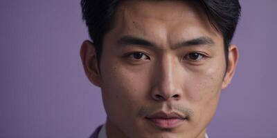 Handsome Asian Man s Flawless Complexion for Cosmetic Advertising on Lilac Background. photo