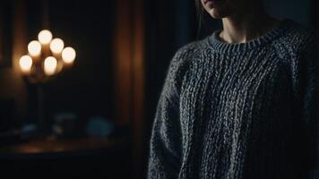 In a dimly lit room, a person wearing a sweater conceals their face with their hand This mysterious act creates an intriguing scene of darkness and secrecy. photo