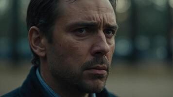 In a close-up, a man appears deeply saddened, with a single tear rolling down his cheek. photo