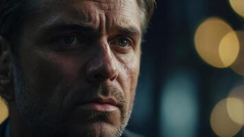 In a close-up, a man appears deeply saddened, with a single tear rolling down his cheek. photo