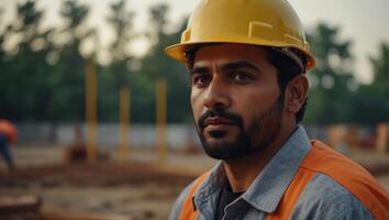 Indian construction engineer in hardhat overseeing construction project at building site. photo
