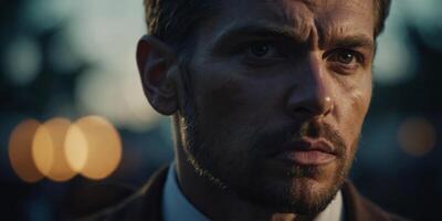 Intense and Focused Gaze on a Human Face Showcasing Intense Emotion and Thoughtful Introspection. photo