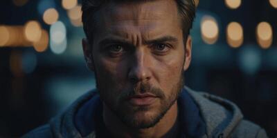 Intense and Focused Gaze on a Human Face Showcasing Intense Emotion and Thoughtful Introspection. photo
