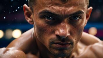 Intense focus boxer s eyes fixed on target in olympic games, symbolizing determination. photo