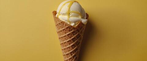 Lemon ice cream in delightful waffle cones, a treat for every taste bud Over yellow background with copy space, flat lay. photo