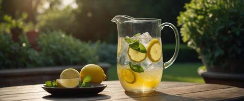 Lemonade pitcher with lemon, mint and ice on garden table View with copy space. photo