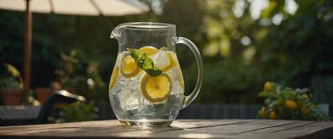 Lemonade pitcher with lemon, mint and ice on garden table View with copy space. photo